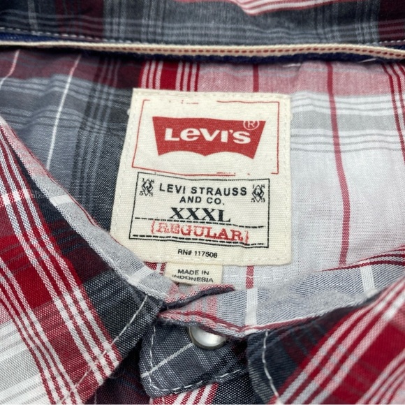 Levis Red Tab Mens Plaid Red Grey Button Pearl Snap Plaid Western Long Sleeve 3X - Picture 2 of 7